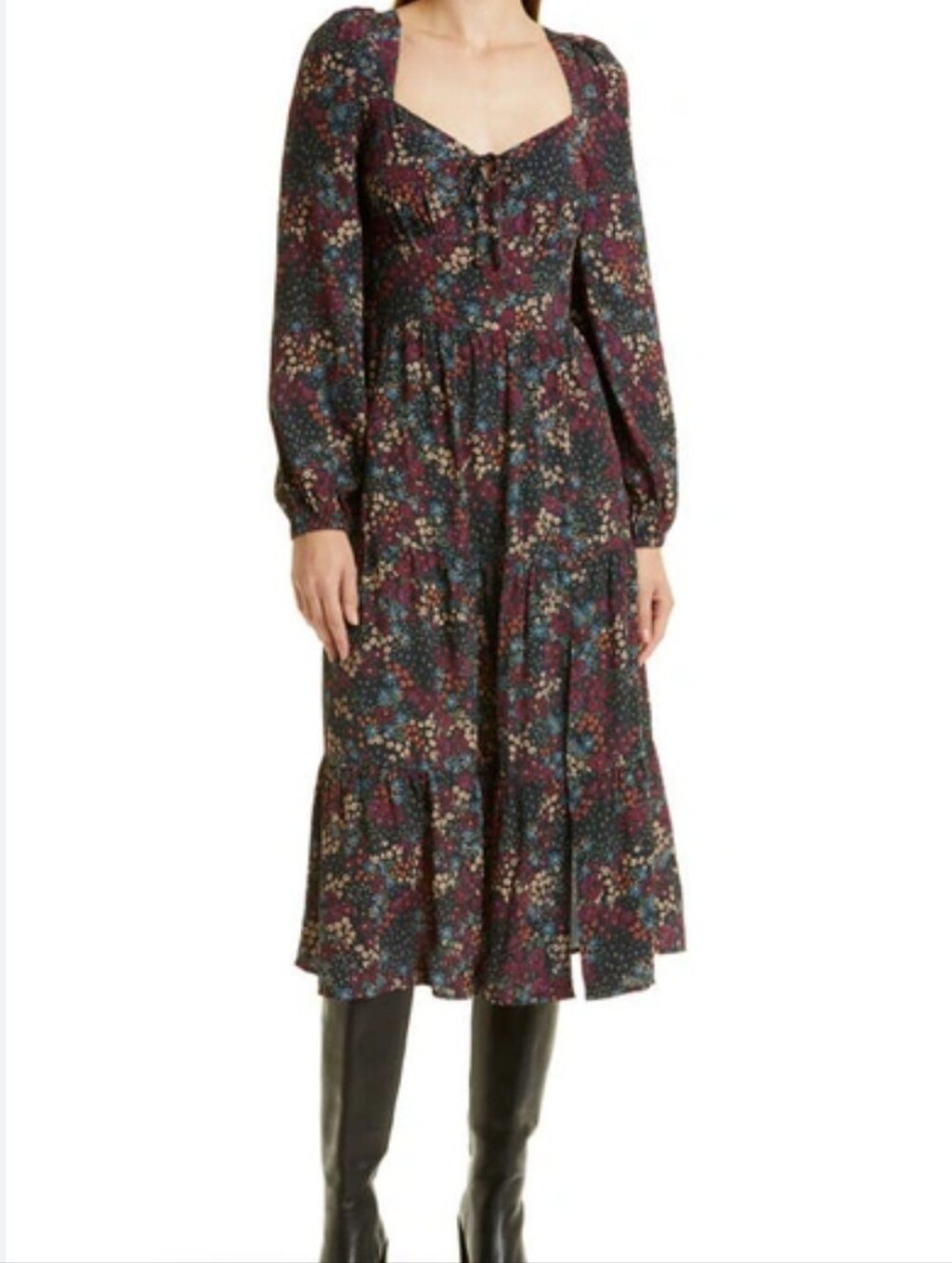 PAIGE Dark Floral Square-Neck Midi Dress